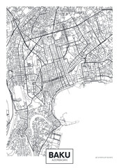 Detailed urban planning city map Baku, travel vector poster design