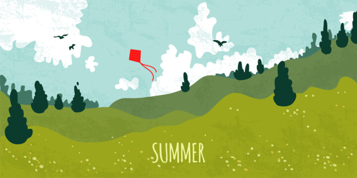 Rolling green grass hills, spring meadow under blue sky, fluffy white clouds, cartoon vector illustration. Pastel crayon countryside scenery with red kite flying birds, nature landscape background