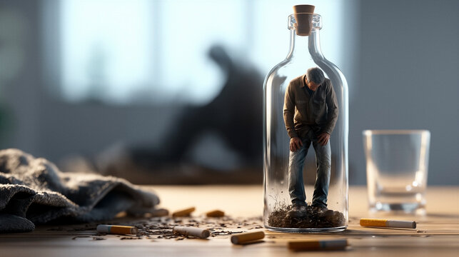 Individual flails through disorder after drinking. Drunken figure contends with disarray and consequences of excessive alcohol consumption