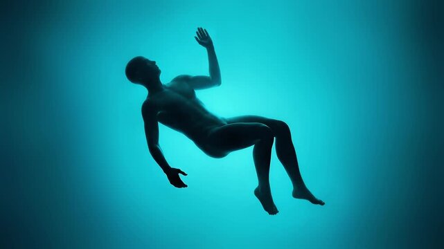 Silhouette of a person floating and drifting in blue abstract space with slow body rotation and raised arms