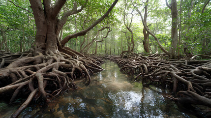 Fototapeta premium Intricate root systems of mangrove trees in a coastal swamp, unique ecosystem, ecological, Generative AI illustrations.