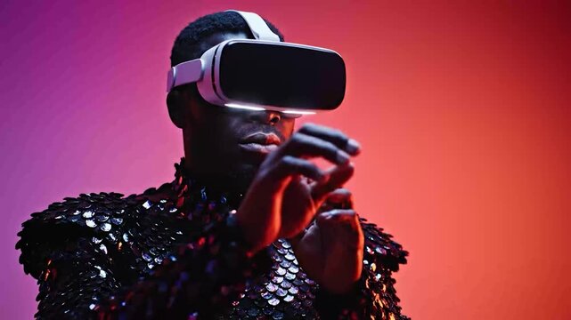 Person in Glittering Sequined Jacket Using VR Headset Against Vibrant Gradient Background, Immersive Tech & Futuristic Entertainment Concept, 4K Studio Shot