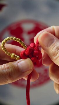 Vertical video: Looping hands pulling red cord from knot on table, finishing knot at gold ring