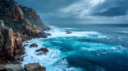 Fototapeta premium Rugged cliffs overlooking a powerful ocean, waves crashing below, stormy sky, raw nature, Generative AI illustrations.