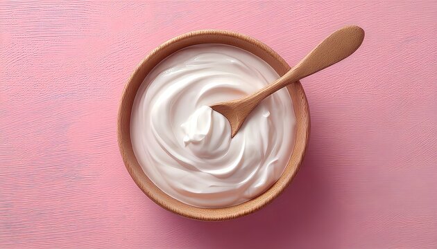 Wooden Spoon Scooping Creamy Yogurt, Pink Pastel Background Flat Lay