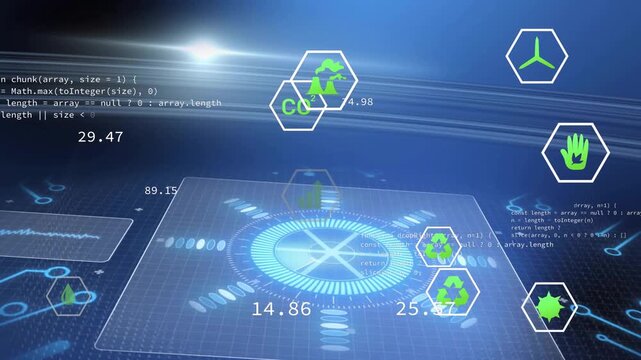 holographic interface pulsing at startup rotating as hex icons orbiting and updating CO2 to monitor