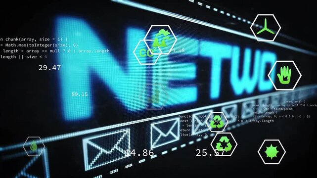 Neon header expanding, driving hex icons drifting, mail strip scrolling revealing NETWORK metrics