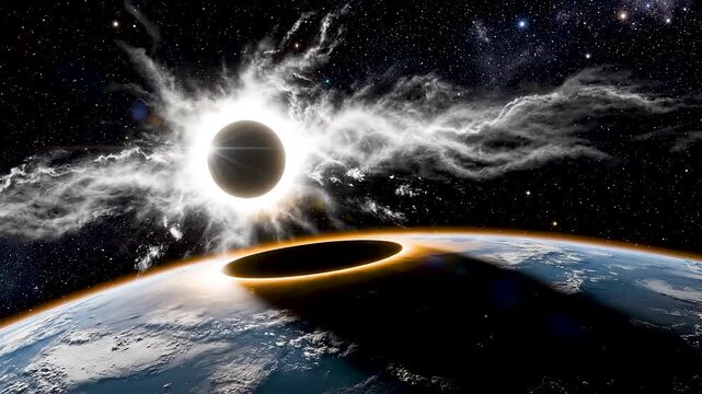 Total Solar Eclipse from High Earth Orbit with Diamond Ring Effect and Streaming Corona Casting Vast Shadow Across Planet Surface