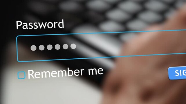 A user types their password into a website form box on a computer. The action is shown close-up to focus on the typing process.