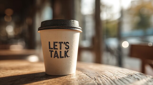 Note on a coffee cup in a cafe featuring the text LET'S TALK, representing the idea of having tough conversations with loved ones, partners, children, colleagues, bosses, staff, or.