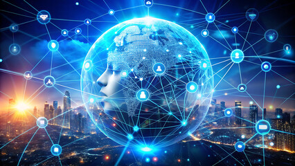 Obraz premium Profile of a digital face made of network connections and lights, symbolizing AI, consciousness, and the future of human-computer interaction.