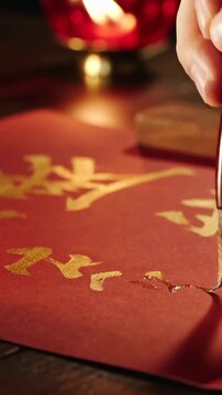 Vertical video: Touching red paper, right hand guiding calligraphy brush, practicing gold strokes