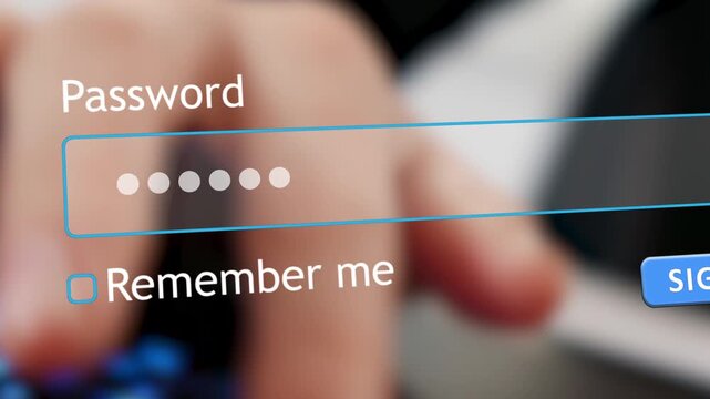 User enters password into the sign in box on a website in an internet browser. The hand is shown typing on the keyboard.