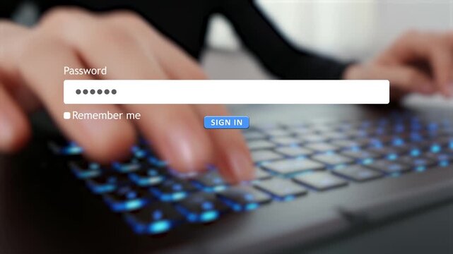 A hand types a password into a computer form box for signing in to a website. The background shows a blurred image of a workspace.