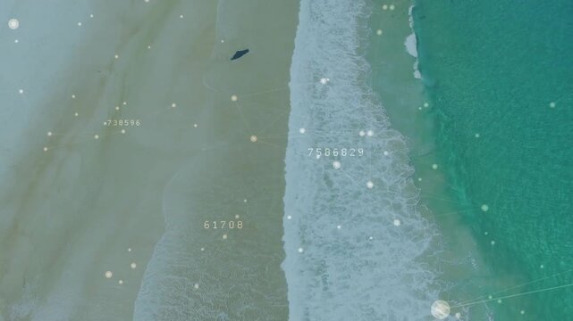 Central surf band pulsing while camera revealing rocks, overlay dots shifting, showing coastal data