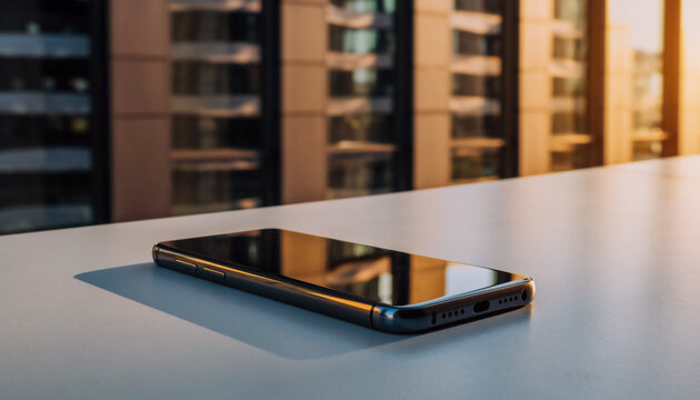 smartphone &eacute;l&eacute;gant pos&eacute; sur un bureau avec reflet urbain dor&eacute;