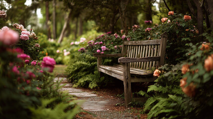 A weathered wooden bench surrounded by vibrant flowers and lush greenery in a serene garden setting with a winding path