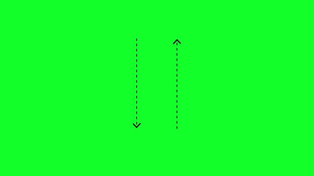 Up and down arrow direction icon with dotted line animation on green background. Reveal animation of solid, dashed