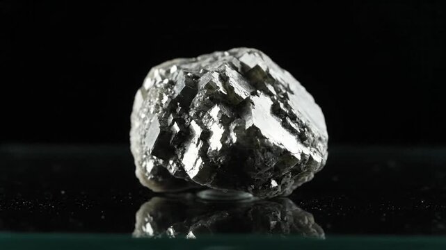 A rough, silver-gray industrial diamond with a metallic luster slowly rotates on a reflective dark glass surface against a pure black background, highlighting its complex, natural crystalline facets.