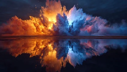 Tableau sur plexiglas Réflexion Dramatic cloud explosion reflected on water, fiery hues of orange and icy blues  © Mary