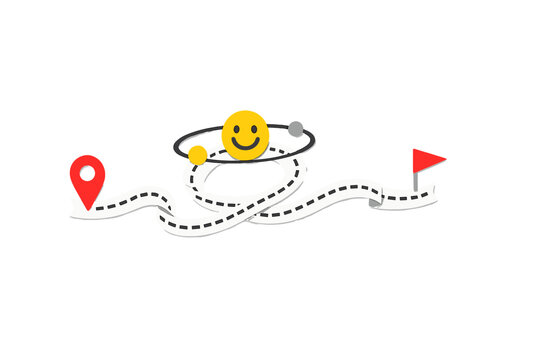This digital illustration features a winding path with a red location pin at the start and a red flag at the end. A smiling yellow face with orbiting spheres sits in the middle.