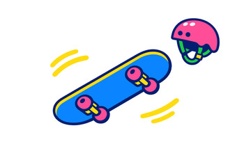 Vibrant cartoon illustration featuring a blue skateboard with pink wheels and a matching pink helmet floating against a black background with yellow motion lines.