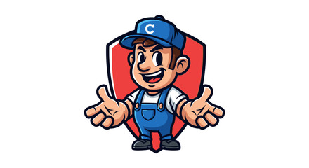 Fototapeta premium Cartoon handyman wearing blue overalls and cap standing in front of a red shield.