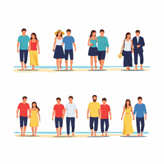 Obraz premium Set of vector illustrations showing diverse couples and pairs walking barefoot on the beach during vacation or summer leisure activities.