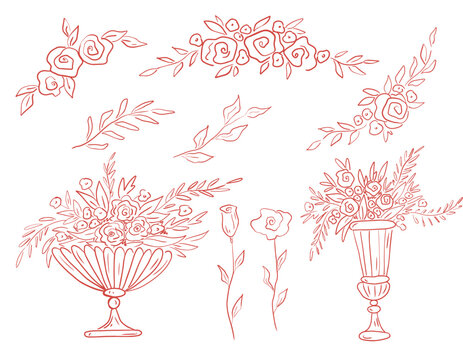Rococo aesthetics. Hand drawn whimsy line art clip art with flower arrangements, bouquets in Rococo vases. Charming red graphics set of illustration.