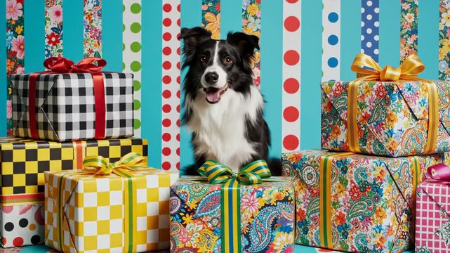 Border Collie Dog with Colorful Patterned Gifts and Background