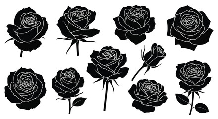 A collection of black silhouette roses arranged on a white background