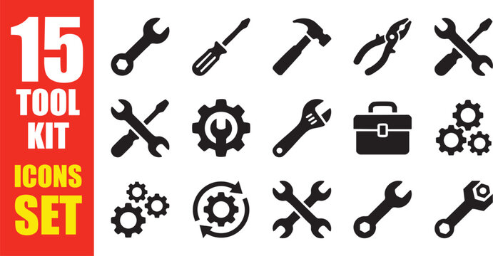 Maintenance and Repair Tool Kit Icon Set - Flat Vector Hardware Symbols