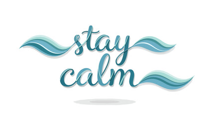 Serene typographic design urging inner peace with elegant flowing teal script and subtle wave motifs promoting a tranquil state of mind for mindful