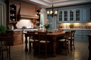Fototapeta premium Kitchen interior featuring a central wooden island, vintage style cabinets, and elegant chandelier