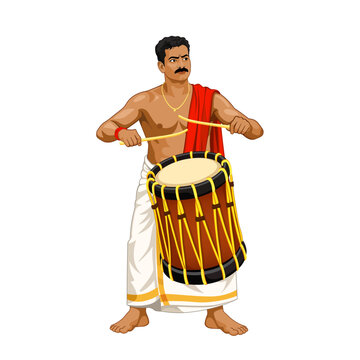 Kerala Chenda Drummer Playing in Traditional Costume, South Indian Festival Instrument, Vector Illustration
