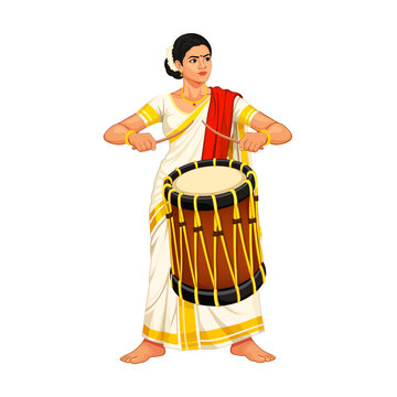 Kerala Woman in Traditional Kasavu Saree Playing Chenda Drum, Kerala Culture and Festival Concept Illustration