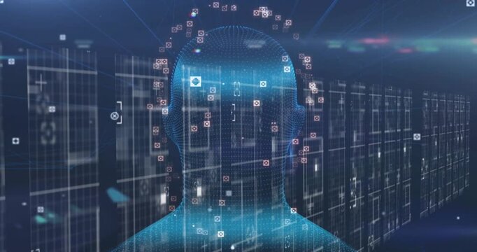 Scan pulse initiating 3D head rotating with markers orbiting and pulsing, visualizing biometrics