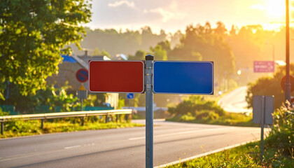 A place with a signpost at a fork in the road in the suburbs　郊外にある分岐点の案内板がある場所