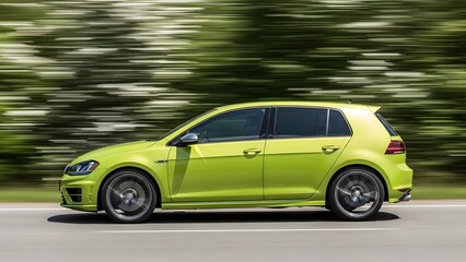 Fototapeta premium A lime green volkswagen golf hatchback in motion on a road