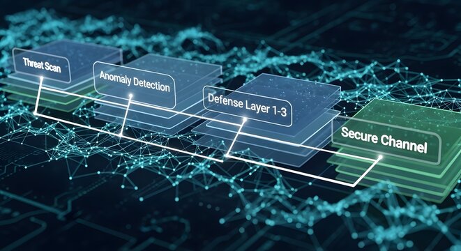Horizontal AI Agent Defense Mesh With Text Threat Scan Anomaly Detection Defense Layer Secure Channel Across Red Blue Protective Structure &ndash; Cyber Automation Image