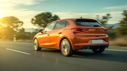 Fototapeta premium Orange hatchback car driving on a scenic road during sunset