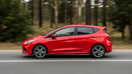 Fototapeta premium A red ford fiesta driving on a road through a forest
