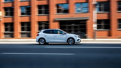Fototapeta premium A white car driving down a city street in front of a red brick building
