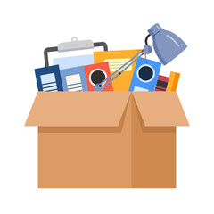 Cartoon office box tools. Folders, plant and stationery for work place in cardboard pack. Dismissal, relocation or charity, nowaday vector scene