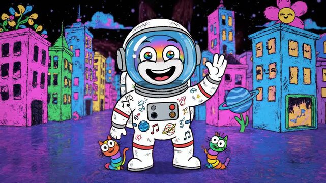 A cartoon astronaut walks down a colorful street