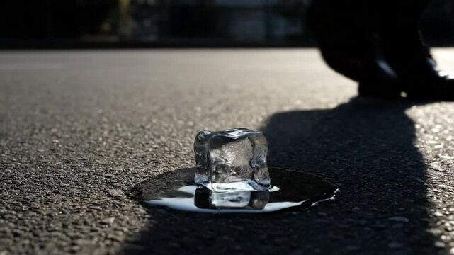 An ice cube melts rapidly on textured pavement under intense sunlight, shrinking into a sphere of ice surrounded by a spreading puddle, as footsteps narrowly avoid crushing it. This shows the fast ph