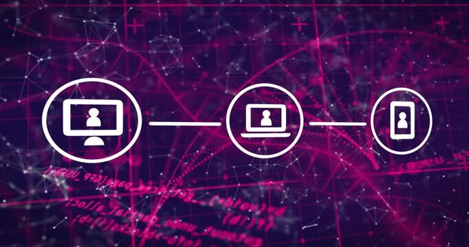 Monitor icon appearing triggers laptop+phone emerging, linking and pulsing to show devices syncing