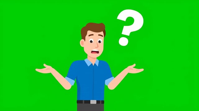 A cartoon man looking confused with a question mark on green background