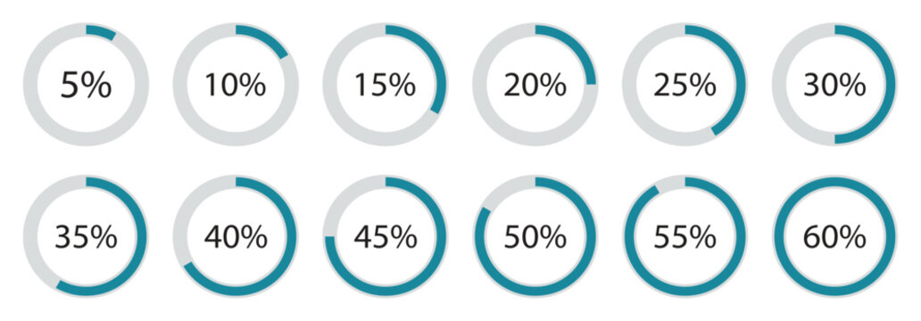 Circle loading and circle progress collection.  Round diagrams icons for infographics from 5 to 60 percent. vector illustration . 