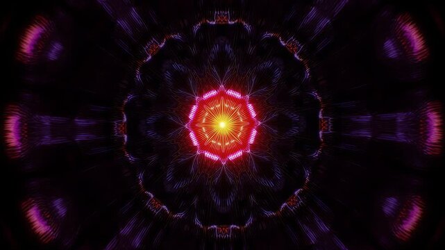 ネオンに輝く幾何学マンダラ｜放射光が脈動するサイケデリック背景